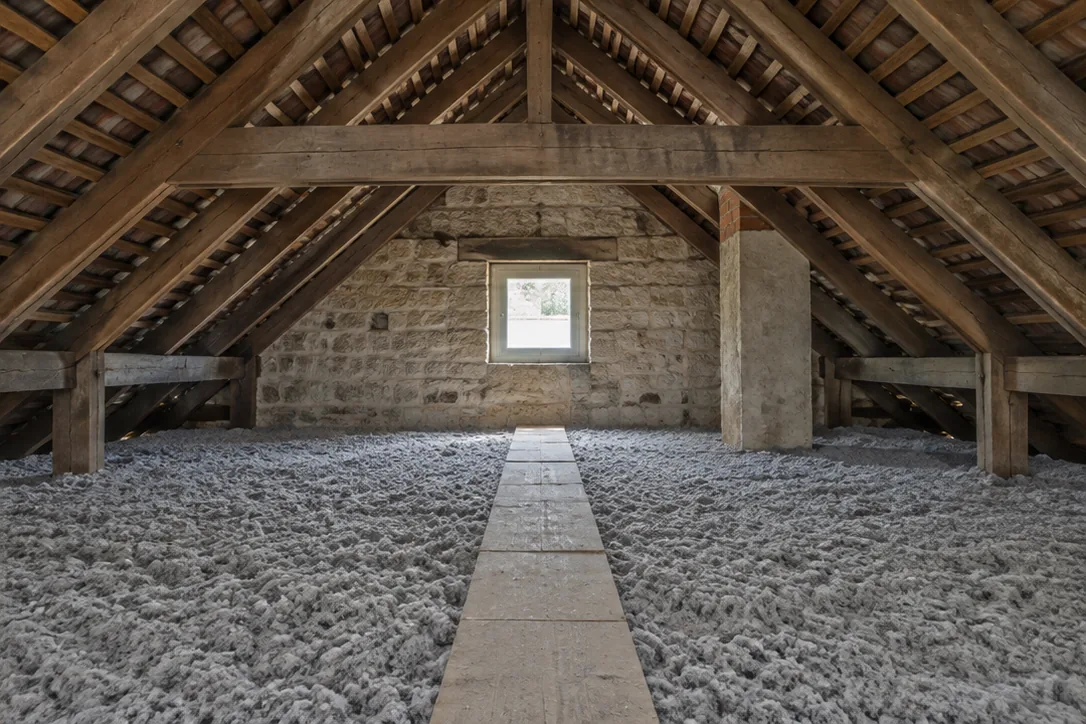 Illustration générée de combles après pose de ouate de cellulose sur le plancher.